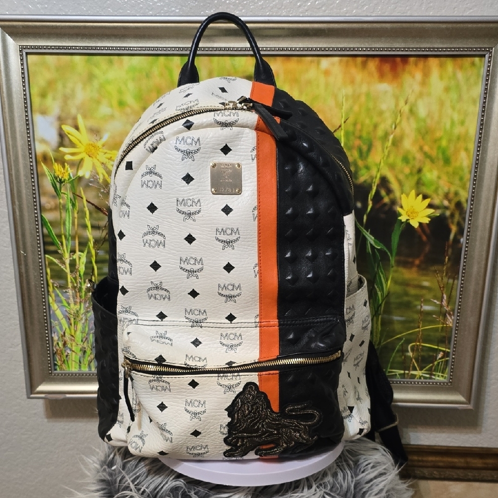 Authentic MCM Stark Visetos Large Backpack White Monogram Lion Patch Studded - Picture 12 of 14